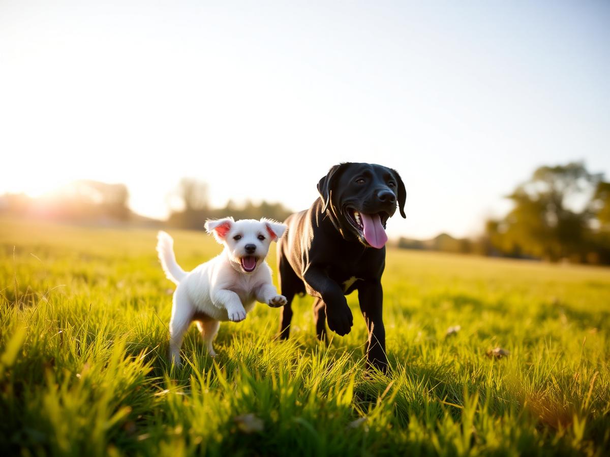 Two dogs playing in a field